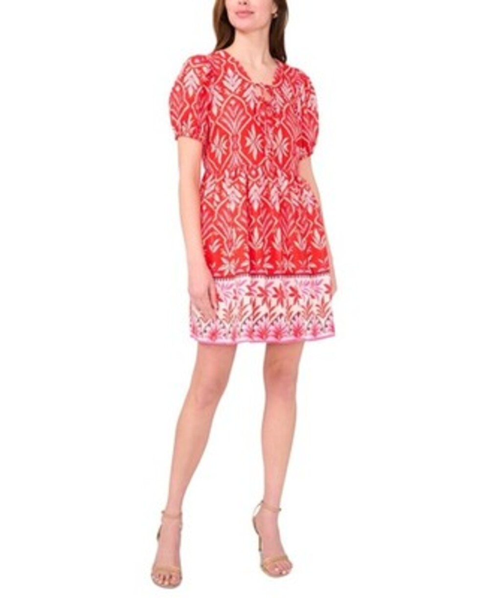 MSK Linen-Blend Tie-Neck Short-Sleeve Fit & Flare Dress Women's M Fiery Red